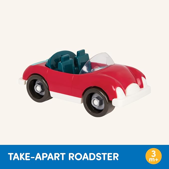 Battat Roadster Toy Drill Sports Car Building Set, Red, Roadster Car, Take | 22-piece toy vehicle with 18 roadster parts, battery-powered drill, and 3 bits for building play, Roadster Car, 3+ Years