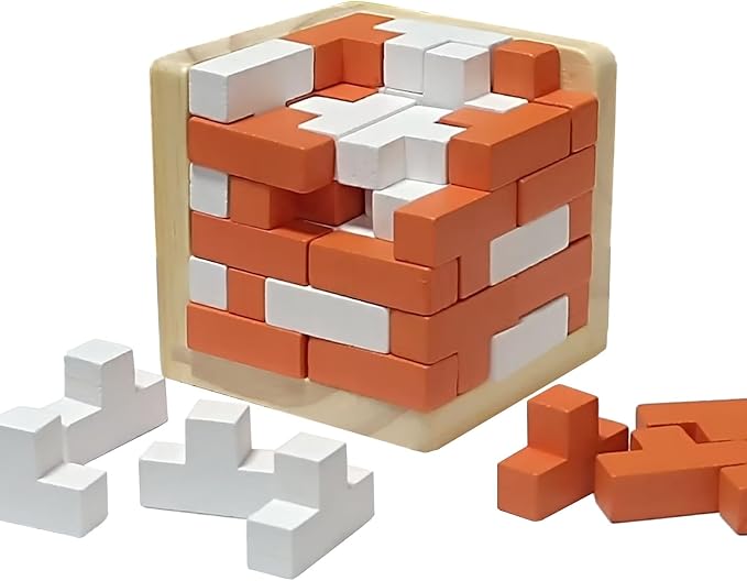 AHYUAN Wooden Brain Teaser Puzzles Cube Stocking Stuffers Wooden Puzzles T-Shaped Jigsaw Logic Puzzle Educational Games Toy for Kids and Adults (Orange and White)