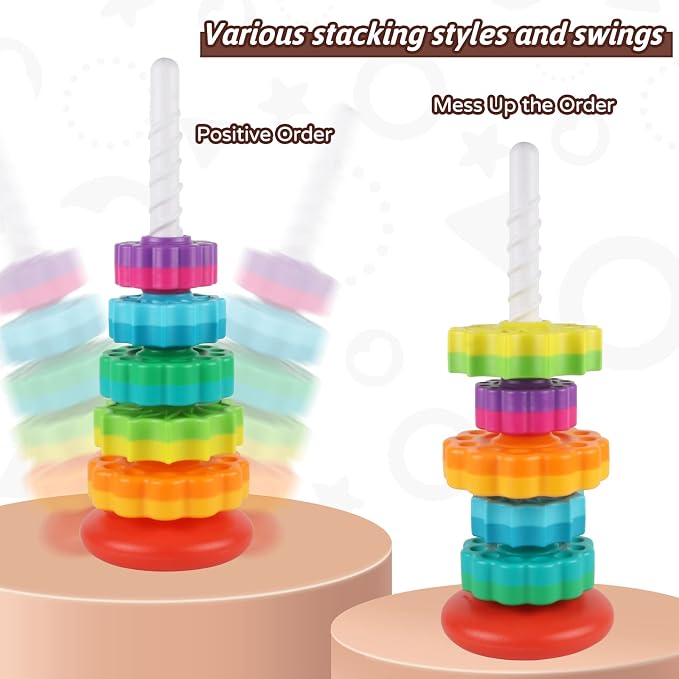JUXUE Baby Spinning Stacking Toys for Toddlers 1-3, Rainbow Ring Stacker Montessori Toys for Babies for 12 Months, 1 2 3 One Year Old Girl Boy Christmas Birthday Gifts, Autism Sensory Learning Toy