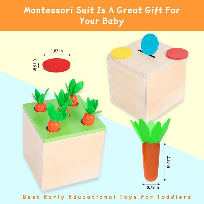 Adena Montessori 3 in 1 Wooden Play Kit for Babies 6-12 Months | Color drop, carrot harvest, coin box boost motor, logic and color sorting. Bright wood for toddlers independent play.