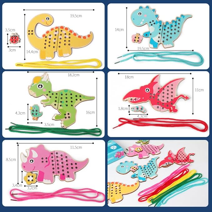 Wooden Dinosaur Threading Toy, Lacing String Beading Game | Montessori Threading Board, Fine Motor Skills Toy