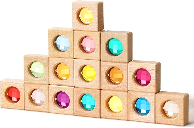 16 Pcs Acrylic Wooden Gem Blocks Sparkling Translucent Cubes Stacking Toys Wooden Cubes Blocks with Colorful Acrylic Open Ended Play Montessori Educational Toys (Round)