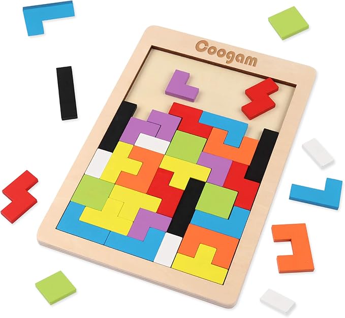 Coogam Wooden Blocks Puzzle Brain Teasers Toy Tangram Jigsaw Intelligence Colorful 3D Russian Blocks Game STEM Montessori Educational Gift for Kids (40 Pcs) | Wooden Puzzle Box Brain Game Building Block Intelligence Educational Gift for Toddlers
