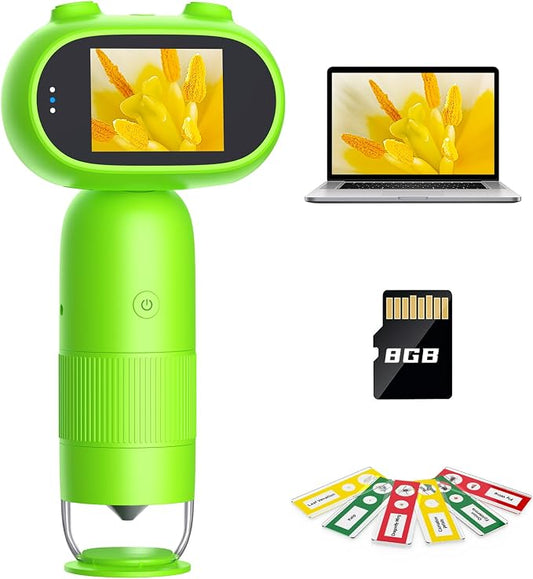 Leipan Pocket Microscope for Kids, 2'' IPS 1080P Magnifier with Light | 16MP Mini Digital Microscope 1000X, 8 LEDs, Compatible with PC, Includes 8GB card