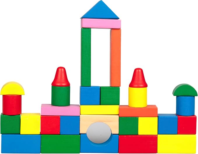 Right Track Toys Wooden Blocks - 100 Pc Wood Building Block Set with Carrying Bag (Rainbow Colored)- 100% Real Wood in 7 Colors and 14 Shapes - Stack, Build and Store- Fun Gift, Back to School Project