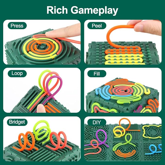 Premium 3D Autism Sensory Activity Board, Durable Silicone Fidget Toy, Puzzle House Block Set with 30 Strings, Press Loop Fill Pattern, Calming Stress Relief for Autistic Kids 3+ and Adults