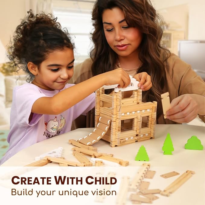 Jovi-Mindly & Notchies 96 PCS Wooden Building Blocks Toy Set for Kids Ages 4+ Boys Girls, Creative Construction Imaginative Cabin House with Storage Bag STEM Educational Learning Toy for Birthday Gift