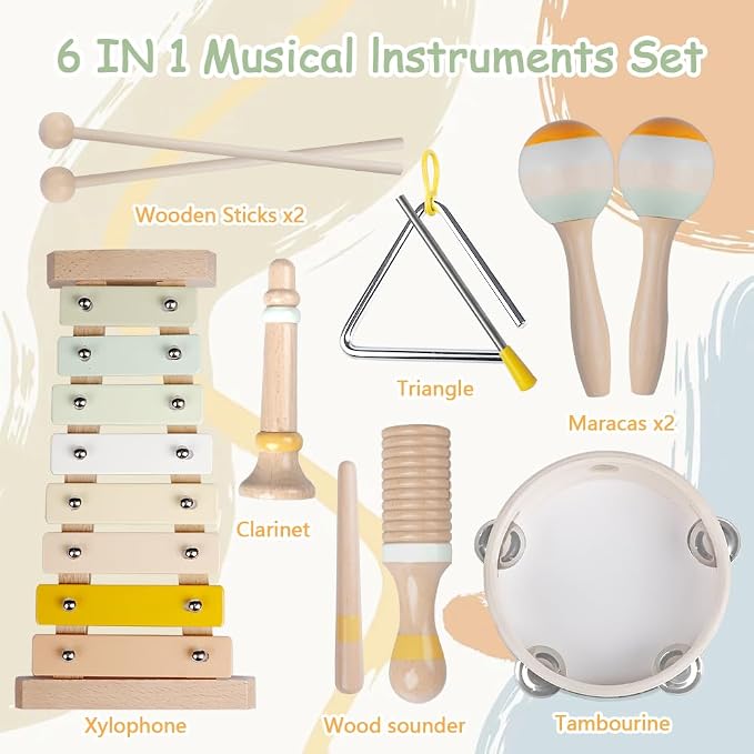 Baby Musical Instruments-Montessori Wooden Toys for Toddlers | Neutral Colors Percussion Instruments Set with Modern Boho Xylophone for Kids Preschool Educational (Neutral)