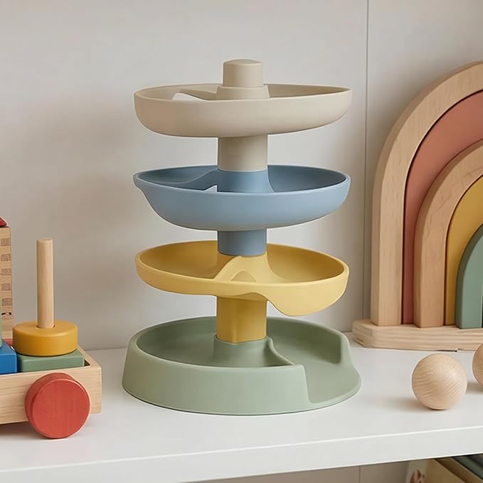 Silicone Ball Drop Tower Toy for Toddlers, 4-Tier Rolling Ramp Track with Wooden Balls, Soft Food-Grade Silicone Montessori Toy for Early Learning, Fine Motor Skill Development, Ages 1–3 | Includes 2 wooden balls, food-grade silicone, detachable design...