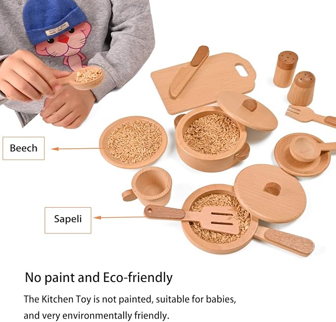 Play Kitchen Accessories Montessori Wooden Toys | Kids Kitchen Set Cookware Plates Dishes Pots Pans Cooking Playset 15pcs Sensory Toys for Toddlers Girls Boys With Storage Bag