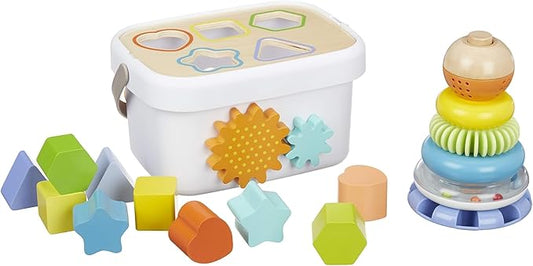 Amazon Basics Wooden Shape Sorter and Rainbow Stacker Classic Baby Toy Set-Sorting Play for Infants Age 12M+, Medium, Multicolor