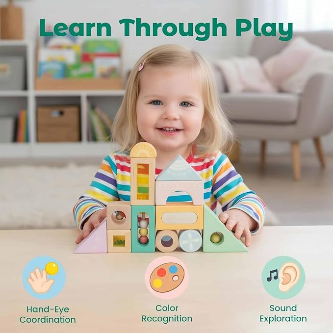 Fun with Sounds Wooden Discovery Blocks for Toddlers with Acoustic Sounds, Toddler Toys for Preschool Learning Activities (Green)