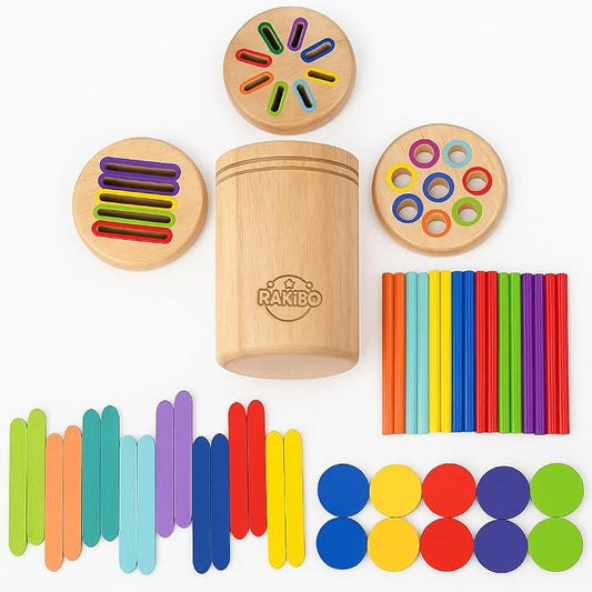 Montessori Color Sorting Toy for Toddlers - 3-in-1 Wooden Fine Motor Set with 3 Interchangeable Lids, Sticks & Discs - Beechwood, Non-Toxic, Ages 18 Months to 4 Years - Gift-Ready Window Box