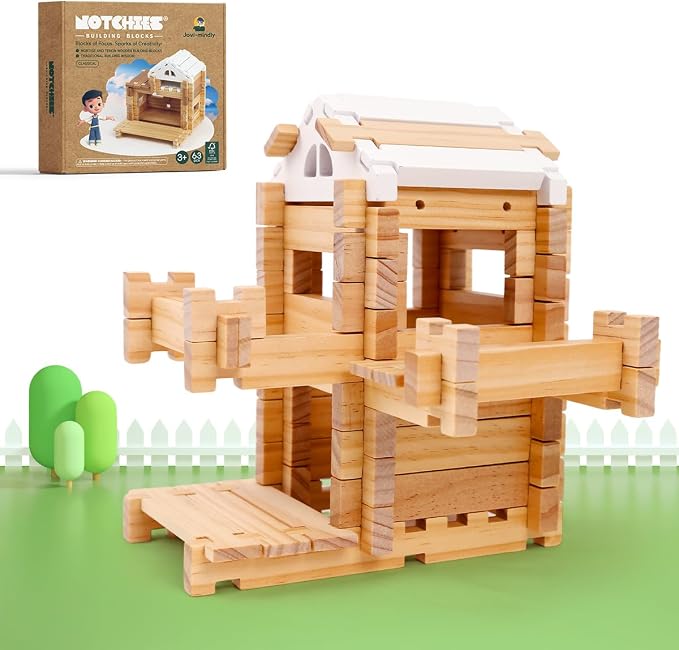 Jovi-mindly＆Notchies 63PCS Wooden Blocks Beginner Set Wooden Blocks |Preschool Learning Toys Wood Blocks Building for Kids Ages 3+ Creative Construction Game,FSC Certified,Birthday Toys Gifts
