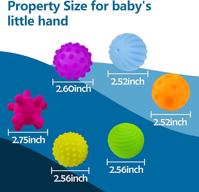 Baby Sensory Balls, 6 Textured Soft Balls for Babies 6-12 Months | 6 Multi-Texture Massage Soft Balls, Bright Colors for Touch, Squeeze and Roll Play, Birthday Gift for Infant 1 Year Old