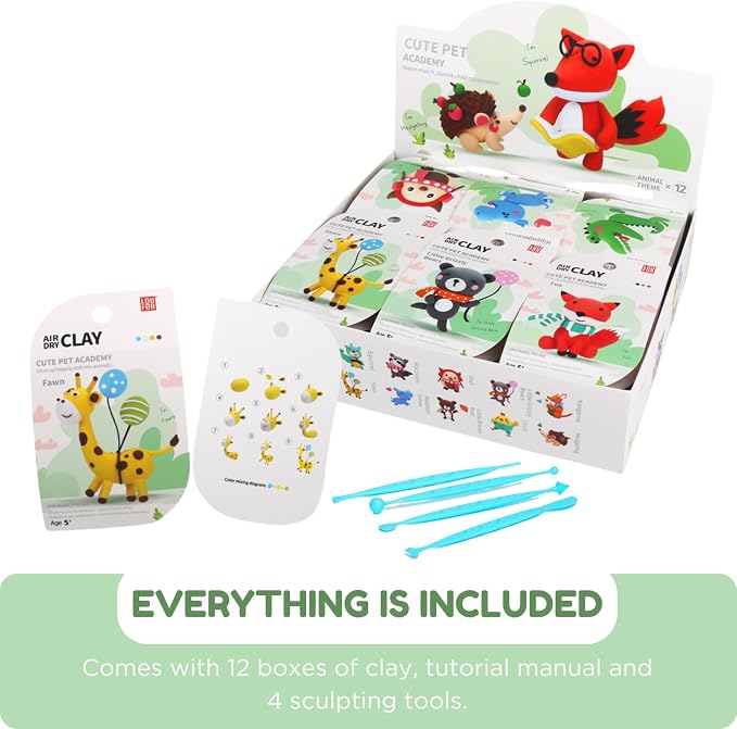 LOUFOR Air Dry Clay Kit -12 Animals Modeling Clay for Kids Arts and Crafts | Ultra Light & Soft,Safe & Non-Toxic,No-Sticky & Crack,DIY Molding Clay with Sculpting Tools,Party Favors Gifts for Girls Boys