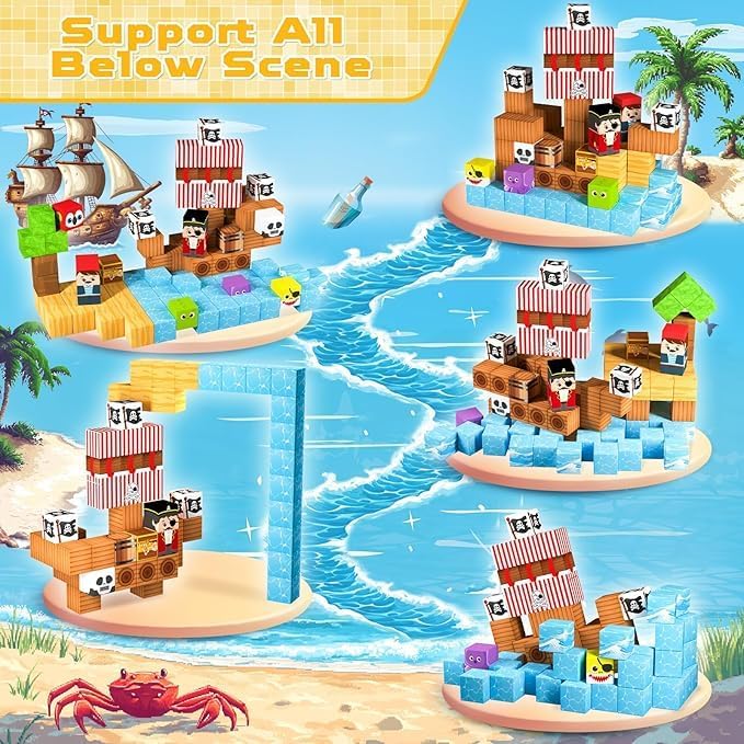 Magnetic Building Blocks Magnetic BuildingTiles Toys for Boys Girls Age 3+, Creative Plastic MagnetSquare Gift for Kids New Pirate Ship 100PCS