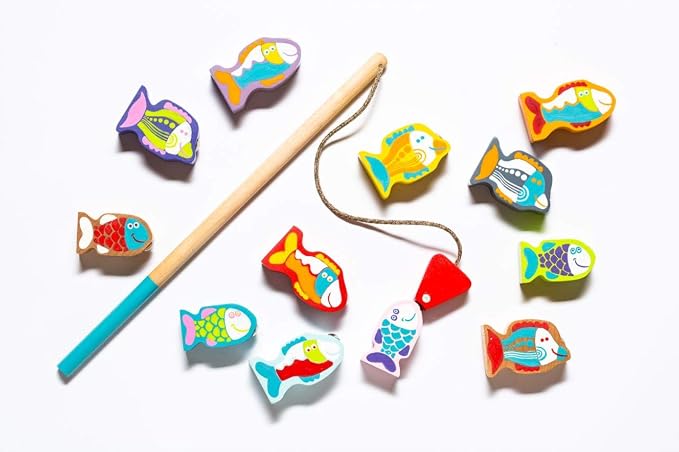 CUBIKA Wooden Fishing Game – Magnetic Fishing Toy for Kids Ages 2+ – Montessori Fine Motor Skill Game with 2 Rods – FSC-Certified Wood, German Water-Based Paints