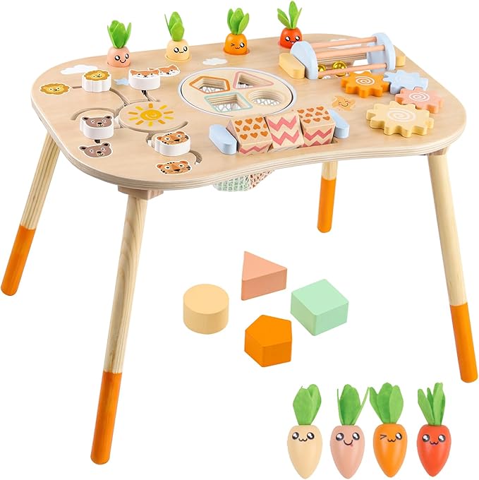Wooden Activity Table for 1 Year Old Toddlers Sensory Table Activity Center | Wood Montessori Baby Activity Table Shape Sorter Game Sensory Toys for 2 1-3 Kids Gift (Length*Height: 17"*11.8")