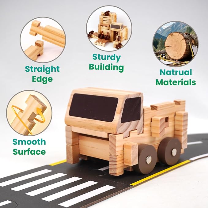 Jovi-mindly＆Notchies C117PCS Wooden Blocks Car Set Wooden Blocks with Wheels＆Vehicle Stickers|Preschool Learning Toys Wood Blocks Building for Kids Ages 3+ Creative Construction Birthday Toys Gifts