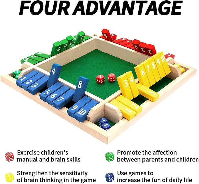 Nicecho Shut The Box Dice Game,2-4 Player Family Wooden Board Table Math Games for Adults and Kids, 8 Dices Classics Games for Classroom,Home,Party or Pub