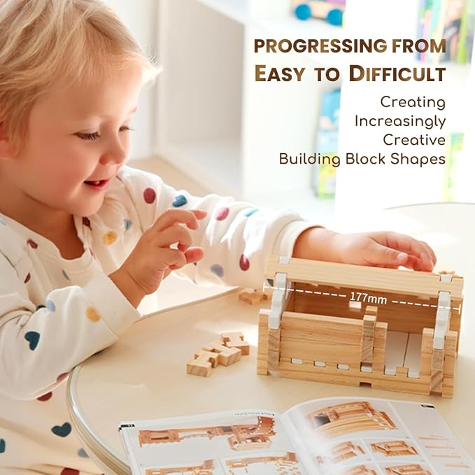 Jovi-mindly＆Notchies Building Blocks Set Wooden Blocks Toys (107 pcs) with Storage Bag, Educational Classic Wooden Blocks for Toddlers Ages 3+ Boys and Girls Aged Birthday Gift (with Printed Manual)