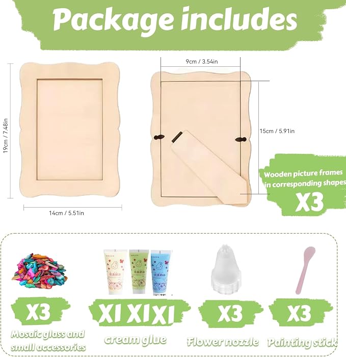 A&H Zier Mosaic Kit 3-Pack 5x7/4x6 DIY Photo Frames Craft for Kids 6+ | Mosaic kit for kids 8-12 3 wooden frames (fit 4x6/5x7) 200+ glass tiles non-toxic glue tools&instructions Fun family activity