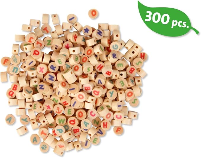 Lena 32051 Craft Set Wooden Letter Beads, 300 Round Threading Beads and with Colourful Letters, Wooden Beads Set for Children from 3 Years, for DIY Beads Jewellery, Natural Brown
