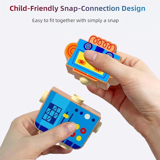 Wooden Snap-Together Building Toys: STEM Building Blocks, Robot Take Apart Playset, Fine Motor Skill Montessori Snap Bots for Kids, Creative Boys & Girls Birthday Back to School Xmas Gift