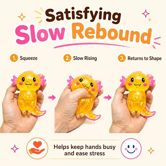 Axolotl Squishy Stress Ball, Soft TPR Slow Rising Squeeze Toy, Cute Axolotl Fidget Toy for Stress Relief, Anxiety Calming Sensory Toy for Kids Adults(Orange Long Tail Axolotl)