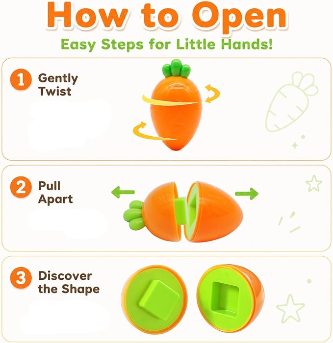 WEEJOYGAM 12PCS Carrot Matching Egg Toys for Toddlers, Montessori Toys for Baby Girl Boy Birthday Gift, Shape Sorter Color Sorting Sensory Learning Fine Motor Geometric Puzzles Game
