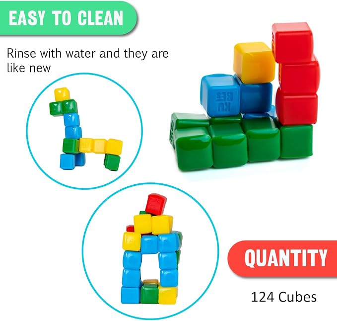 StickiKubes 125-Pack, 4 Colors, Mini Sticky Stacking Cubes, STEM Blocks | Plastic Tub for Easy Storage, Sticks to Any Surface, Non-Toxic, Ages 4+