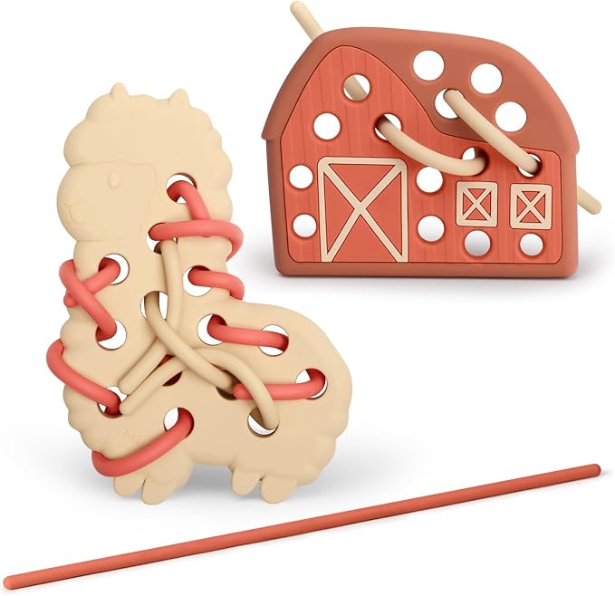haakaa Alfie Alpaca Silicone Lacing Toy for Toddlers Ages 2+ | BPA-Free Silicone Threading Toy, Fine Motor Skills Play, Quiet Travel Activity with Alpaca, Barn & 4 Laces