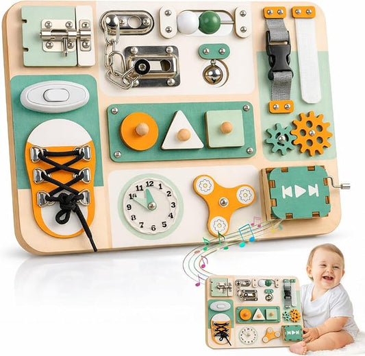 Montessori Busy Board for Baby & Toddlers 1-3 | Wooden Sensory Activity Board with 13 Activities, Real Metal Locks & Latches | Fine Motor Skills Educational Toy for 1 2 3 Year Old