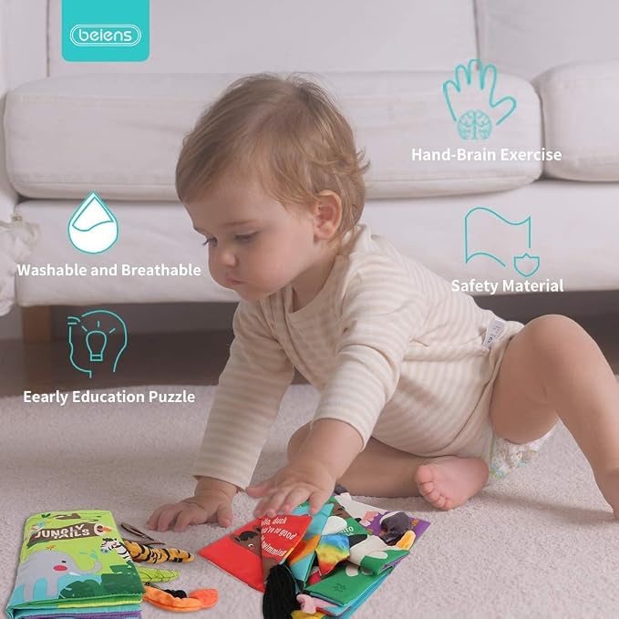beiens Baby Book Toys, 3PCS Touch and Feel Soft Sensory Crinkle Books | Baby Toys 0-3-6-12-18 Months, Cloth Infant Newborn Toys for Tummy Time, Stroller Car Seat Toys, Baby Boy Girl Shower Gifts
