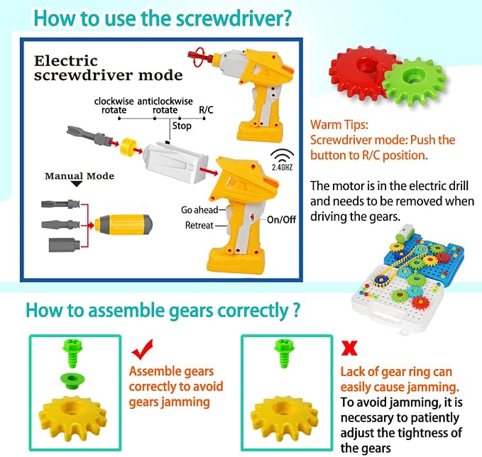 Gears toys for Kids Ages 4-8, STEM Educational Toys Gears Building Toy Set | 280PCS Electric drill toy; Engineering Building Blocks Learning Toy; Develop creativity & imagination; Gifts for Boys Girls