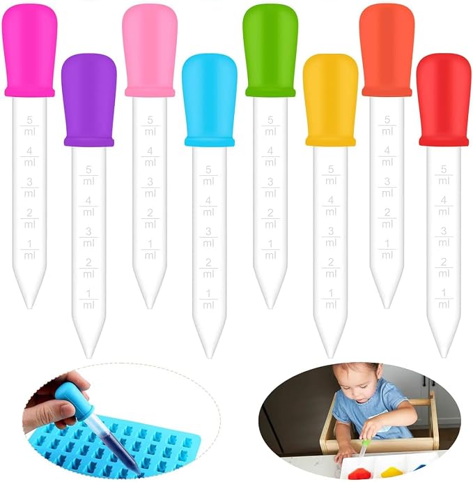 Colorful Eye Dropper, 10 PCs Silicone and Plastic Droppers with Bulb Tip, Sensory Bin Tools, Droppers for Kids Crafts and Gummy Making, Kids Candy Mold - 10 Colors