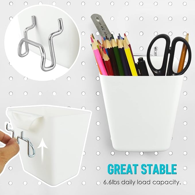 G.CORE Large Pegboard Cups Peg Board Storage Bin 6 Pack with Hooks, Square Box Shape Pegboard Cup Holder Accessories for Garage Workbench/Craft Room/Office/Playroom/Home Kitchen Organization (White) | Big Open-Mouth Cups, 1/8" 1/4" Pegboard Organizer A...