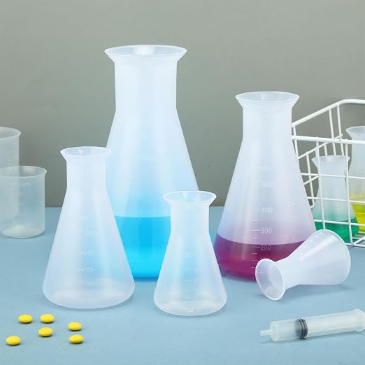 DoubleFill 20 Pcs Plastic Beakers for Kids Class and Party, Scientific Conical Flask, Laboratory Chemical Erlenmeyer Education Learning Tool, 50ml, 100ml, 250ml, 500ml, 1000ml