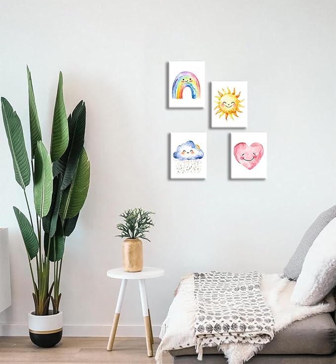 Framed Girls Rainbow Canvas Wall Decor Watercolor Sun Cloud Heart Decor | Kids Sunshine Painting for Classroom Kids Room Baby Room Bedroom Dormitory Decor 8''X10''