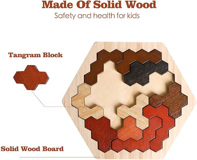 Wooden Hexagon Montessori Tangram Puzzle, STEM Brain Teaser for All Ages | Colorful Geometric Shapes, Montessori Learning Toy, Logic IQ Game, Educational Gift for Kids Teens Adults