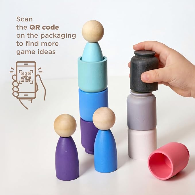 Ulanik Peg Dolls in Cups Montessori Toys for 1 Year Old | Open-ended wooden sorting set; 12 clear colors; cups and birch tray for easy storage