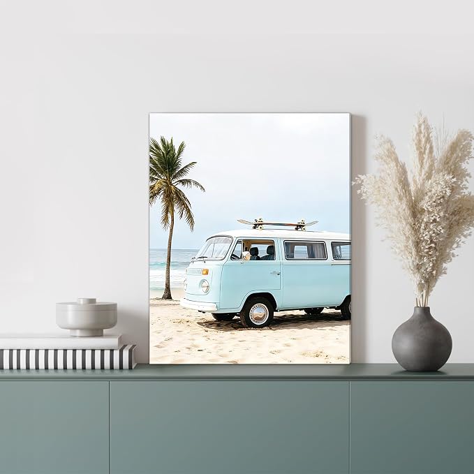 HOURIA Framed Beach Coastal Canvas Wall Art,(Set of 6,8”x10”) Neutral Beach Pampas Grass Seascape Wall Art, Blue Beach House Decor, Seagulls Van Summer Tropical Beachy Decorations