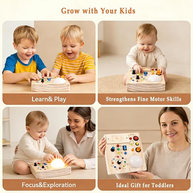 Toddler Busy Board ,Montessori Toy with Tap Light ,6.9"x5.9" Wooden Busy Board with LED Traffic Light for Kids , Travel Sensory Toys for 1+ Year Old baby Christmas/Birthday Gift(Battery Not Included)