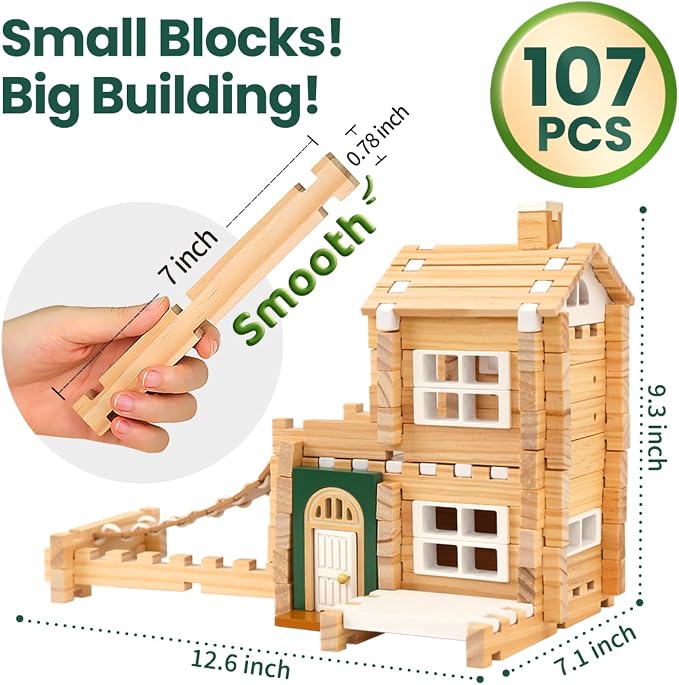Jovi-mindly＆Notchies 107 Pcs STEM Wooden Blocks Toys with Door＆Windows|Learning Building Blocks Toy for Kids Ages 4-8 Boys and Girls|Classic Old Fashioned Toys Gifts for Birthday