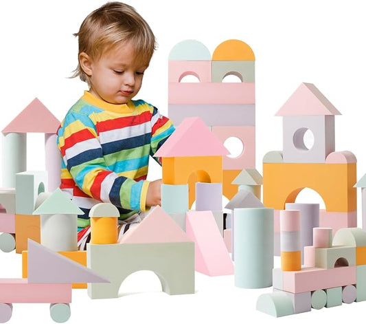 34 Large Foam Blocks for Toddlers - Pastel Stacking Soft Blocks for Kids | 34 jumbo soft EVA foam blocks in pastel colors - stack, build and float in the bath. Storage bag included. Non-toxic, ages 3+