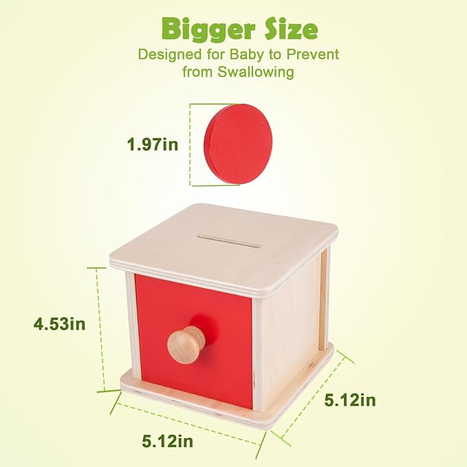 Adena Montessori Coin Lock Box Object Permanence 6-12 Months | Red drawer, red yellow blue coins. Smooth burr-free. Color sorting, hand-eye coordination, fine motor. Learning gift.