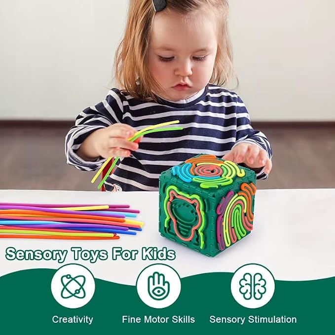 Premium 3D Autism Sensory Activity Board, Durable Silicone Fidget Toy, Puzzle House Block Set with 30 Strings, Press Loop Fill Pattern, Calming Stress Relief for Autistic Kids 3+ and Adults