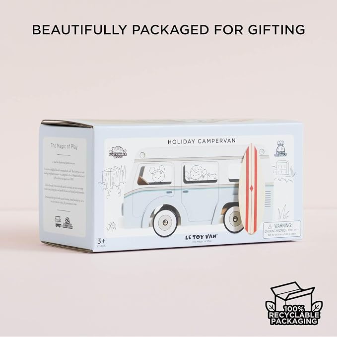 Le Toy Van Wooden Holiday Campervan with Surfboard | Wooden Toy Vehicle, FSC Certified Wood, 100% Plastic Free