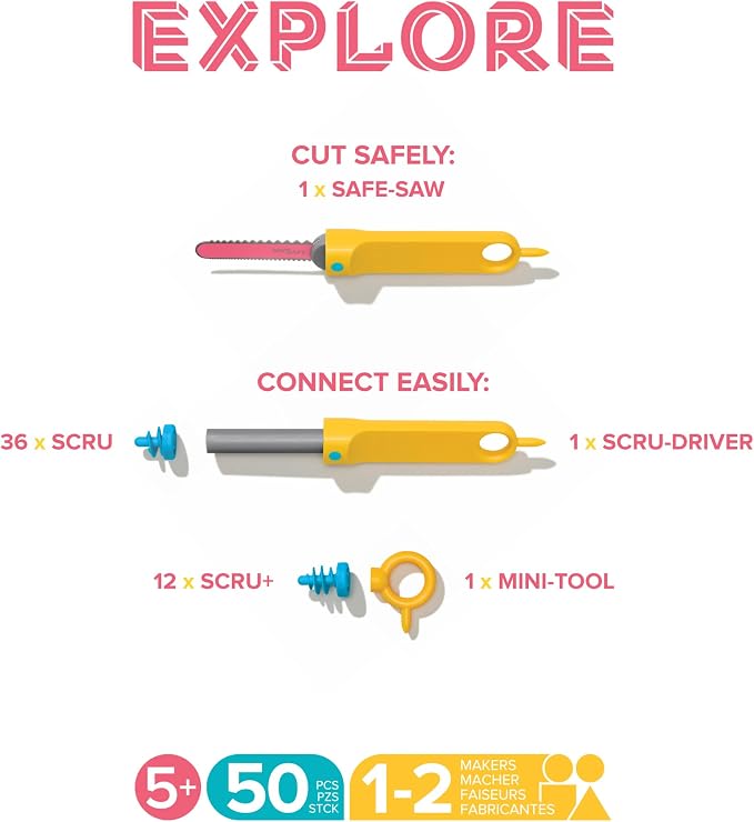 Makedo Explore Toolbox | Cardboard Construction Tools for Kids Age 5+ | 50 Piece Toolkit in Small Sized Toolbox | Versatile Cars to Castles Building Kit | Perfect for at Home Creative Play | STEM + STEAM Educational Toys for At Home Play + Classroom Le...